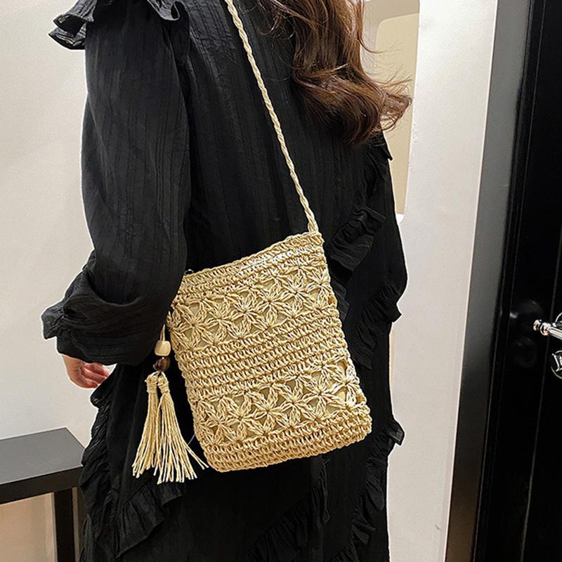 Poșetă pentru femei, cu umăr țesut din paie, pentru plajă, cu ciucuri, boho, cu croșetat, poșetă de mână, poșetă