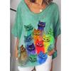 Summer V-neck 3D Cat Printed Top Fashionable Casual Short Sleeved Women's T-shirts