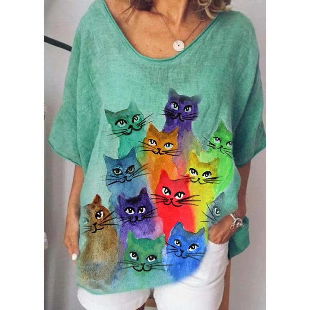 Summer V-neck 3D Cat Printed Top Fashionable Casual Short Sleeved Women's T-shirts