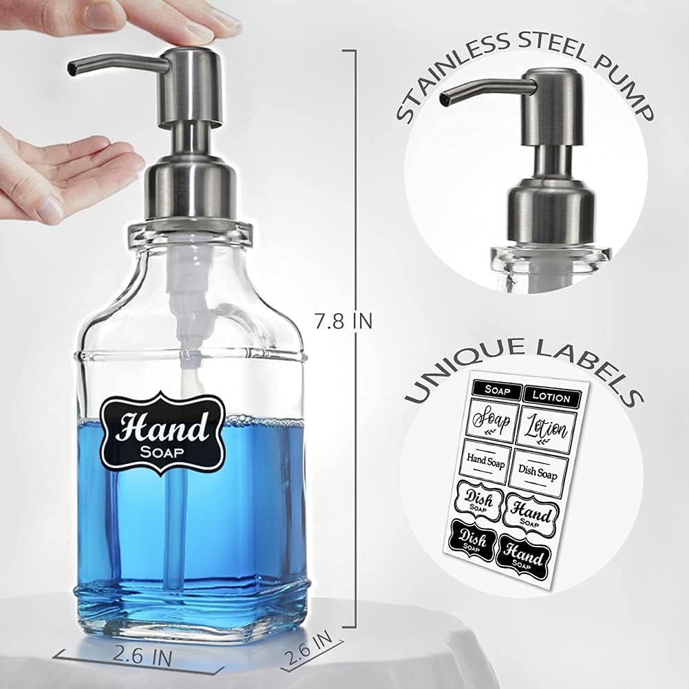 JASAI 2Pack Antique Design Glass Soap Dispenser with Rust Proof 304 Stainless Steel Pump, Refillable Hand Soap Dispenser with 10Pcs Stickers, Premium