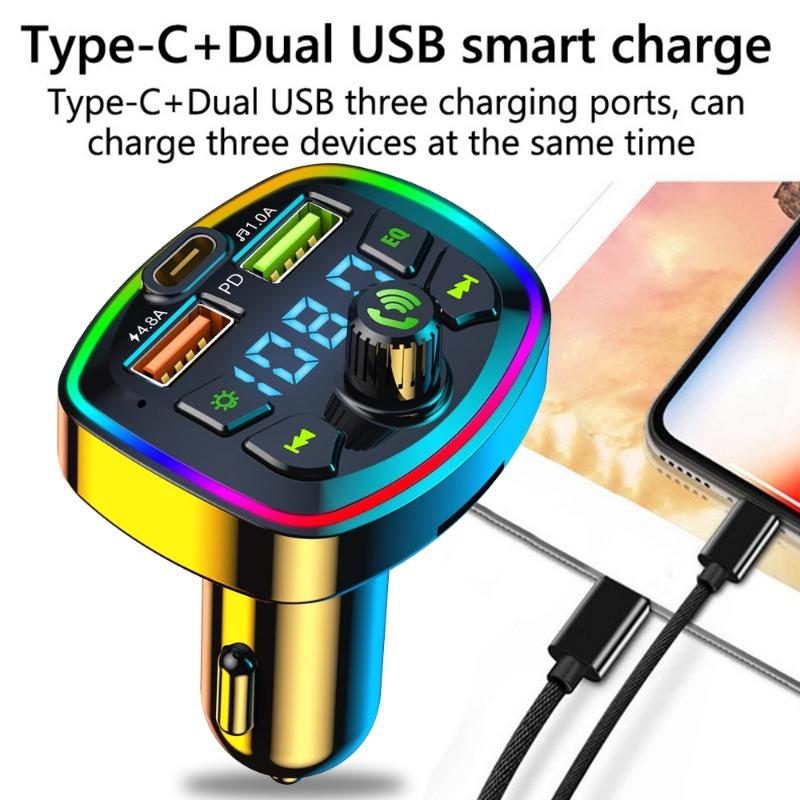 Car Bluetooth 5.0 Charger Dual USB 3.1A  PD 20W Type-C FM Transmitter Colorful Ambient Light Cigarette lighter MP3 Music Player