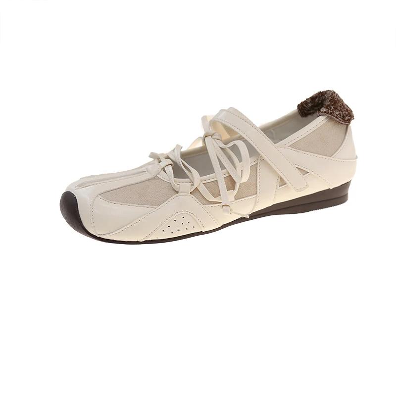 Women's Fashion Single Shoes 2025 New Flat Square Toe Velcro Mesh Ballet Shoes Hundred Cross Strap Soft Bottom Mary Jane Shoes