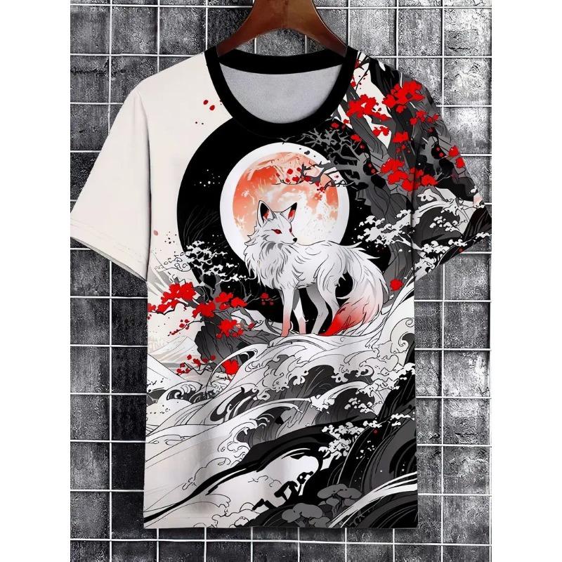 Women's Short-sleeved Round-neck T-shirt with Fox Pattern Print
