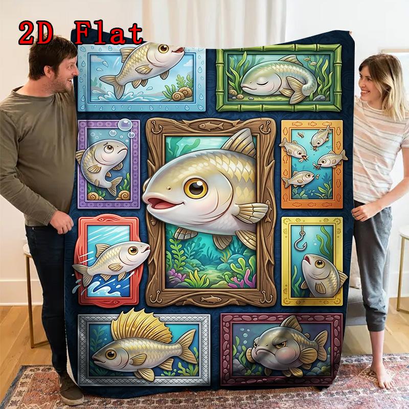 Fish Fantasia 2D Flat Pattern Flannel Blanket, High quality All Seasons, Home Decor, Warmth and Comfort, Perfect for Christmas Gifts.