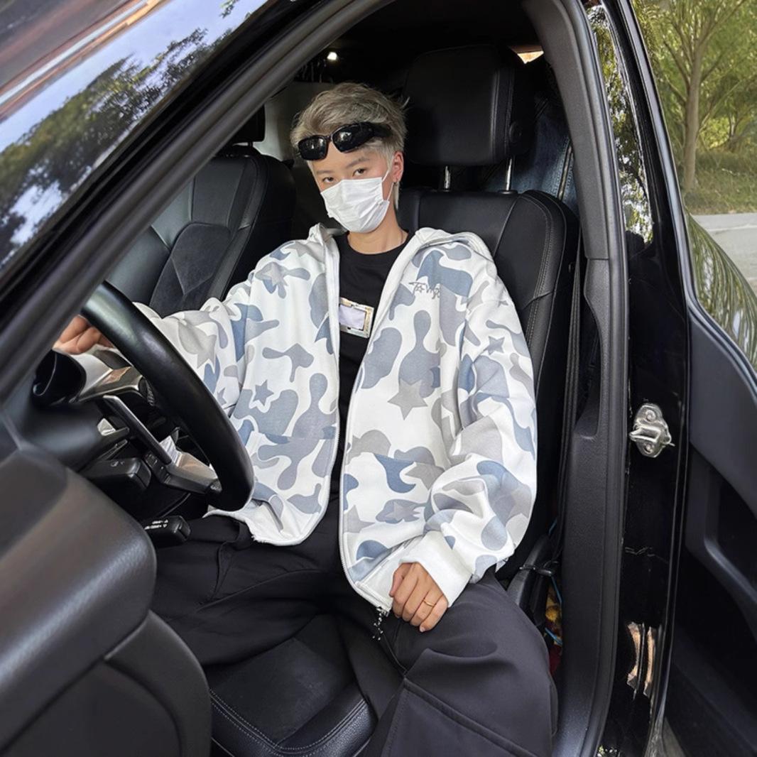 

Американский Ретро Двойной Капюшон Камуфляжный Свитер Мужской и Женский Весенний Кардиган на Молнии M грязно-белый