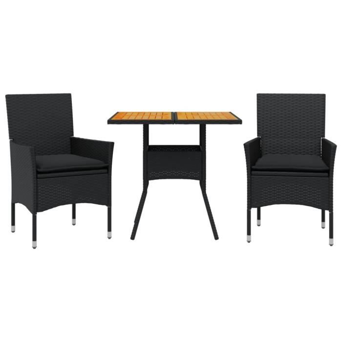 Ensemble à manger de jardin - Noir - 3 pcs - Coussins amovibles - Résine tressée - Acacia