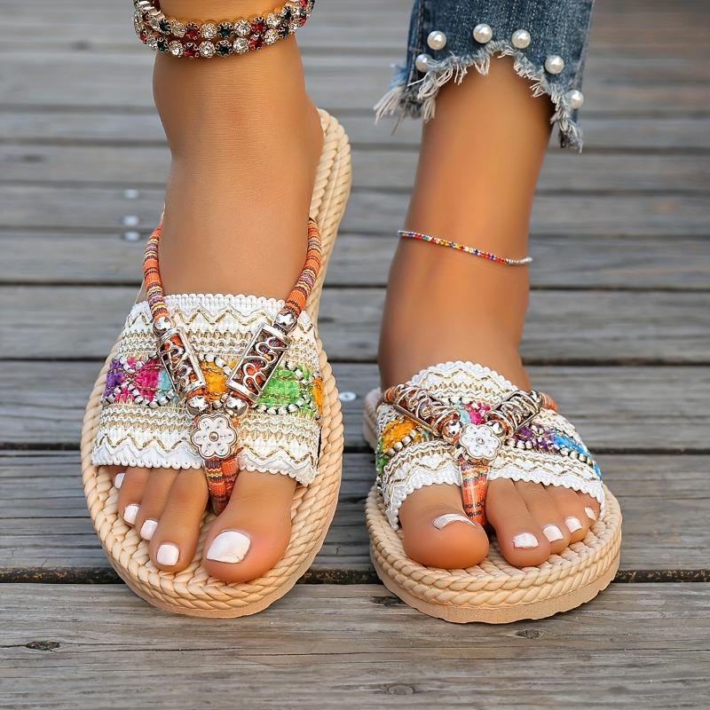 Women's Summer Slip-On Sandals  Comfortable Non-Slip EVA Sole,Breathable Fabric Upper with Colorful Beaded Ankle Strap - Casual Beach Shoes for Women,