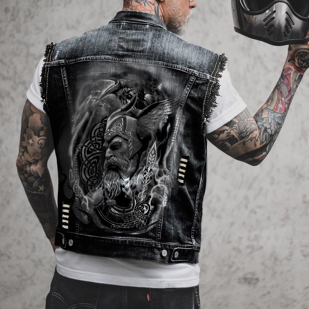 Men's Dark Denim Vest with Viking Warrior Print, Celtic Knot and Raven Design, Sleeveless Jacket for Casual Wear