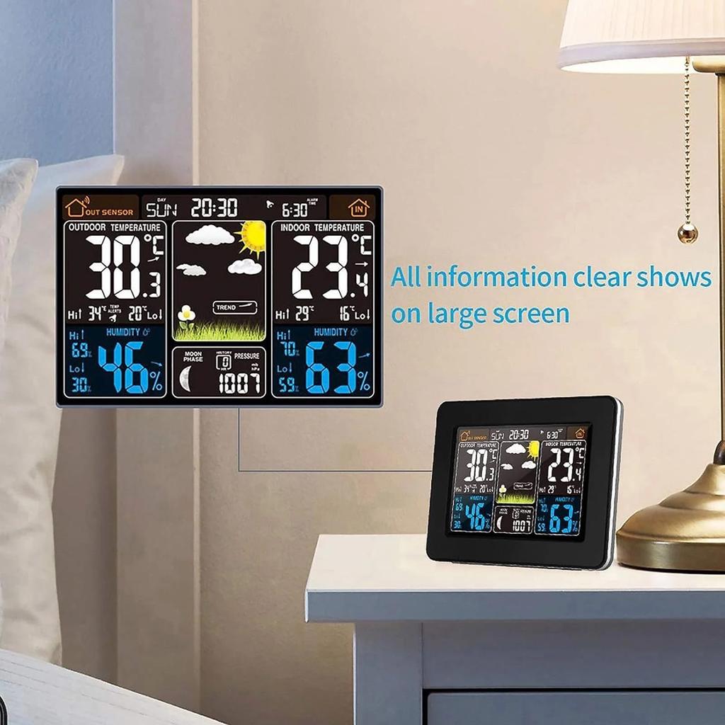 Wireless temperature and humidity meter weather clock home thermometer weather station LCD wall mounted large color screen