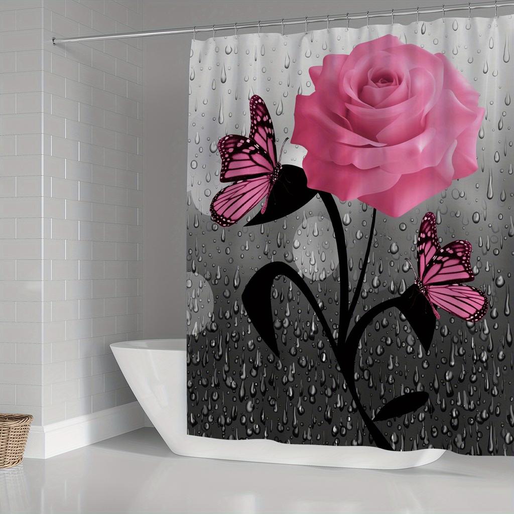 4 STK Luksus Sommerfugl Dusjforhengsett Geometriske Striper Draperier For Baderomstilbehørsett Badekarforheng Med Kroker Vanntett