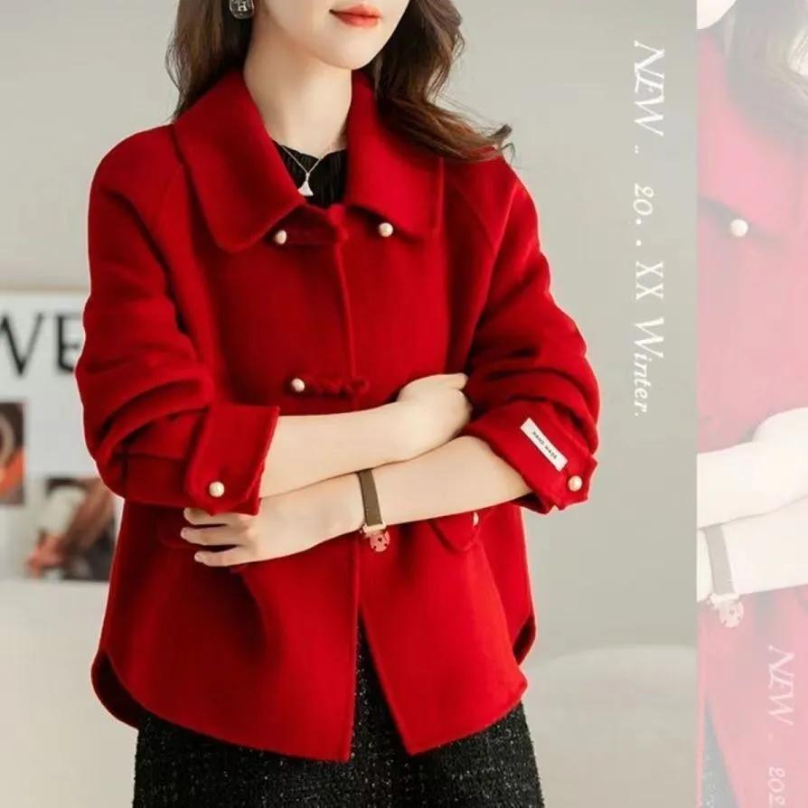 Spring and Autumn Women Wool Coat Short Small Double-sided Fleece Coat Fashionable Chinese Style Loose Woolen Top with Buckle