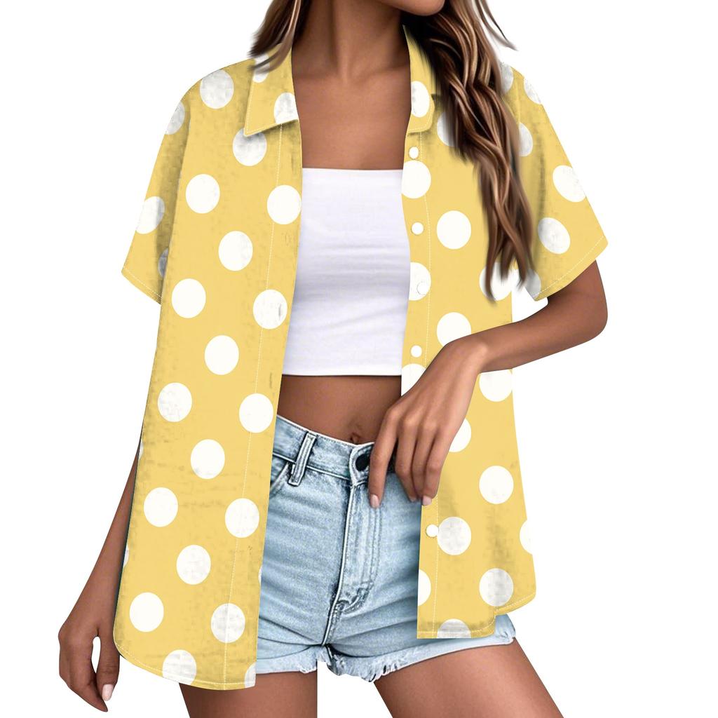 Women's Casual Loose Fit Short Sleeve Button Down Shirt Polka Dot Print Collared Blouse Lightweight Summer Top