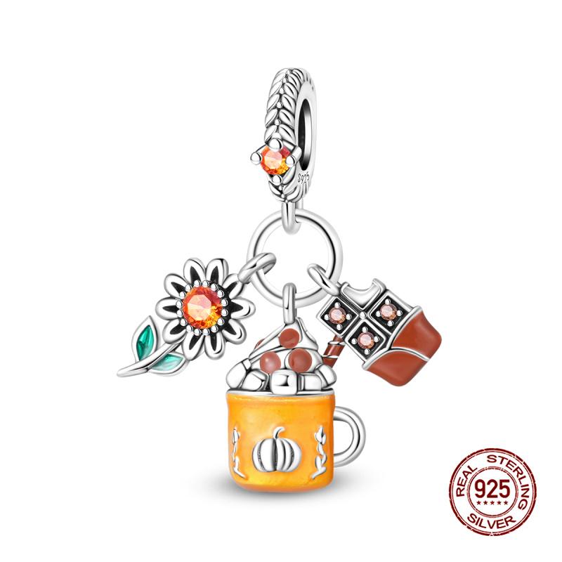 Charms Copper Autumn Pumpkins & Maple Leaves Charms Beads Fits 3Mm Original Bracelet Womens Diy Fine Jewelry Gifts