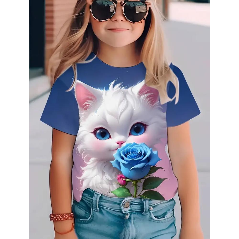 Clothes for Girls 3D Print Cute Cat Crew Neck Graphic T Shirts Summer Play Streetwear Kawaii Girl Outdoor Clothes for Children