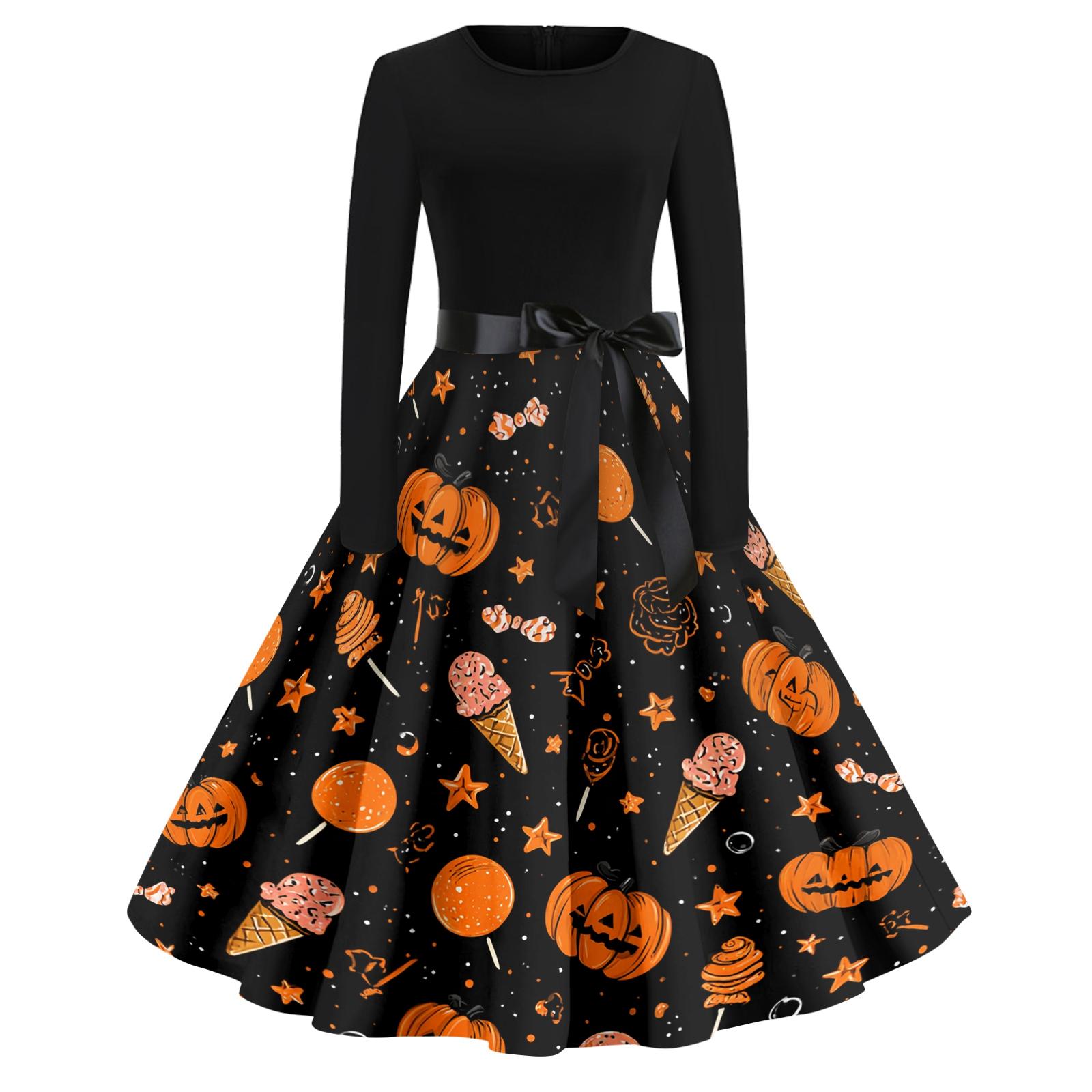 

Women s Casual Fashion Round Neck Halloween Printed Vintage Dress L