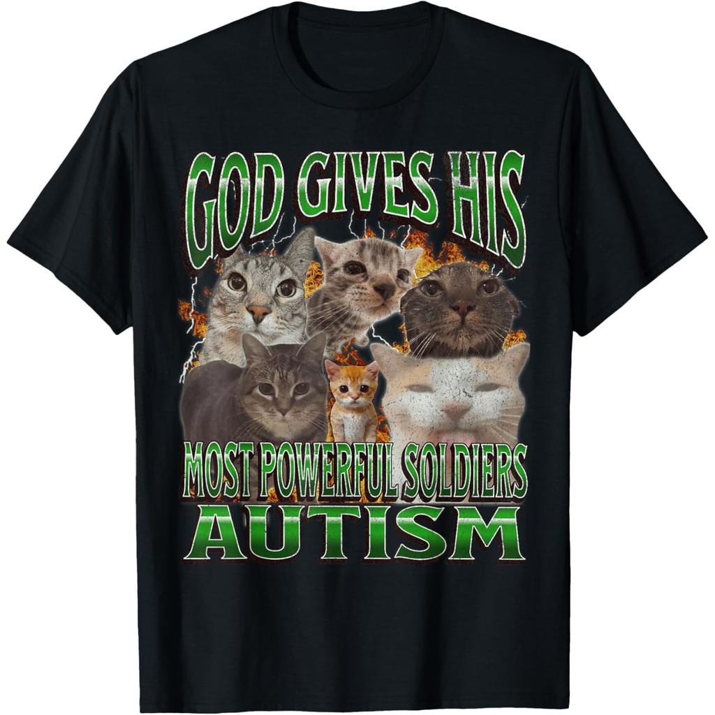 God Gives His Most Powerful Soldiers Autism Cats Graphic Tee Unisex Casual Cotton Short Sleeve T-Shirt