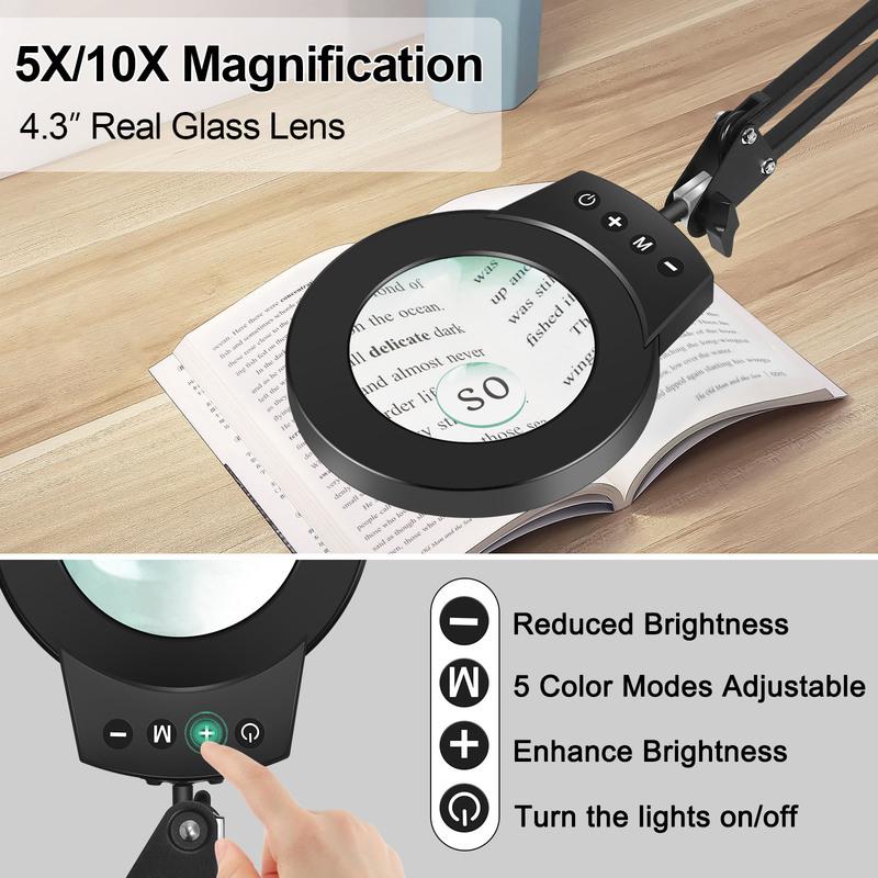 Long Swing Arms 5X/10X Magnifying Glass Lamp with 5 Color Adjust LED Lights Reading Table Lamp for Welding Repair Close Work