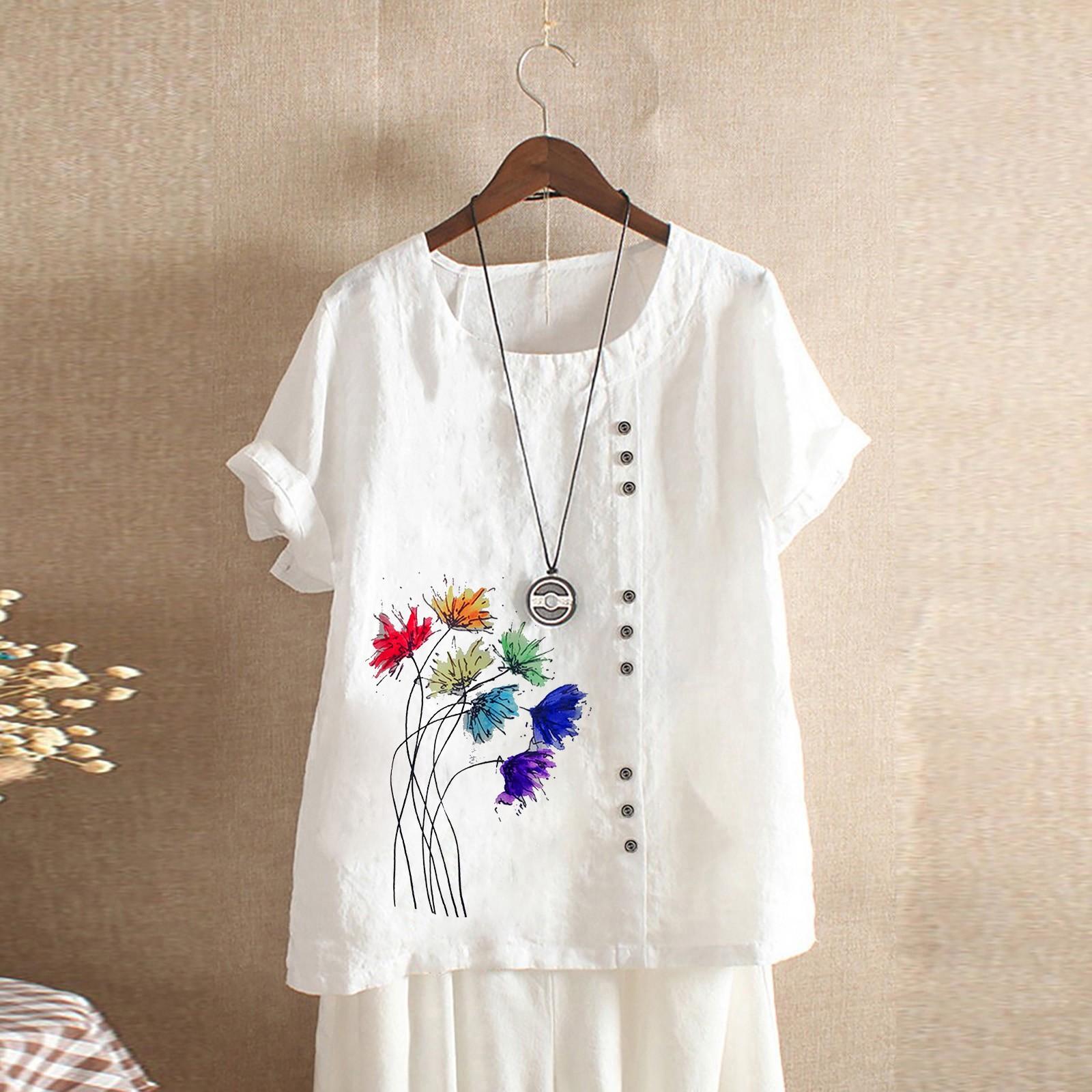 

Женская хлопково-льняная футболка с круглым вырезом, коротким рукавом и пуговицами, футболка с принтом S белый