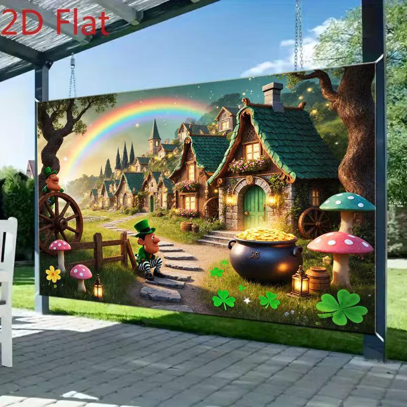 2D St. Patrick's Day Backdrop Leprechaun Village Rainbow Photography Background Banner