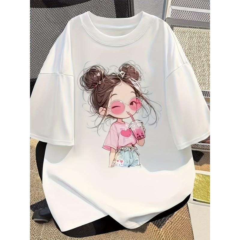 European sizes 100% pure cotton cartoon printed short sleeved round neck T-shirt for summer new loose and chic pure cotton top