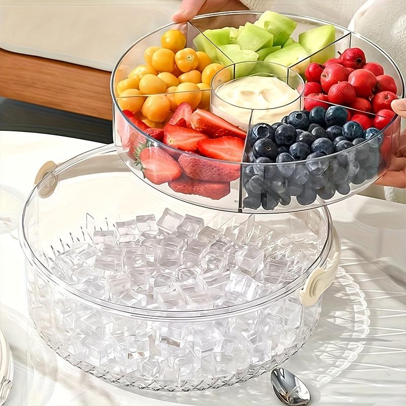 Transparent Divided Serving Tray with Lid & Dipping Sauce Section - Rotating Fruit Vegetable Tray for Party Picnic Catering