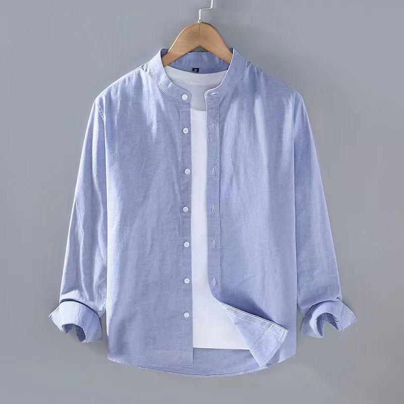 Spring Summer Men's Linen Shirt Pure White Stand Collar Long Sleeve Henley Soft Comfortable Simple Slim Fashion