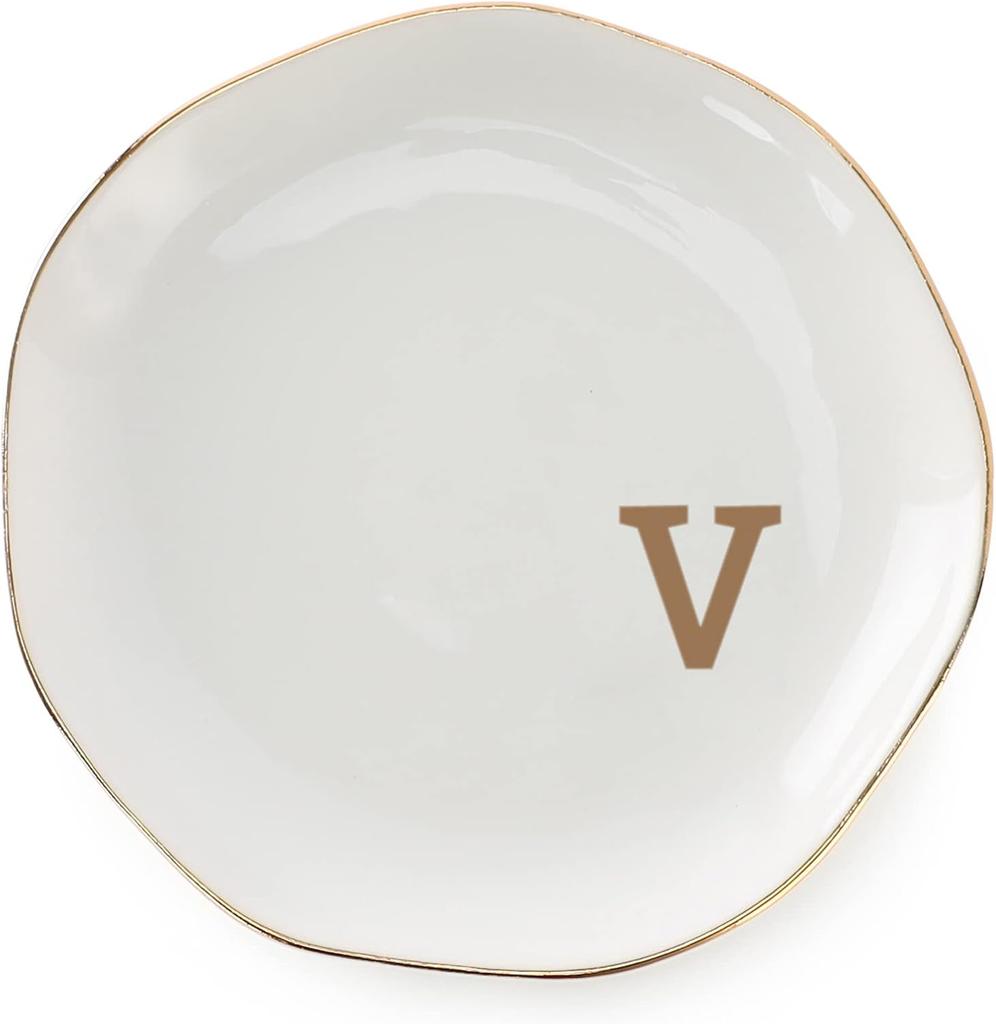 Initials Ring Dish Jewery Tray with Personalized A-Z Monogrammed Gifts Wedding Engagement for Women Friends sister,Ceramic White