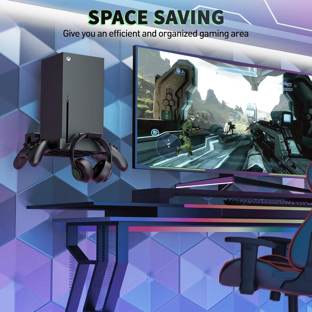 Wall Mount for Xbox Series X, Wall Mount Kit for Xbox Series X with 2 Controller Holder & Headphone Hook, Integrated and Heat Ventilation Design,