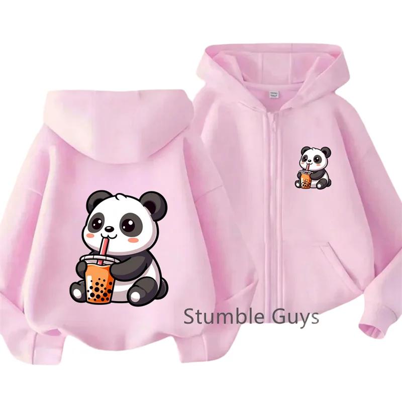 Boba Milk Tea Panda Front Back Cartoon Print Zip Up Hoodie For Kids Long Sleeve Lovely Animal Casual Daily Outerwear