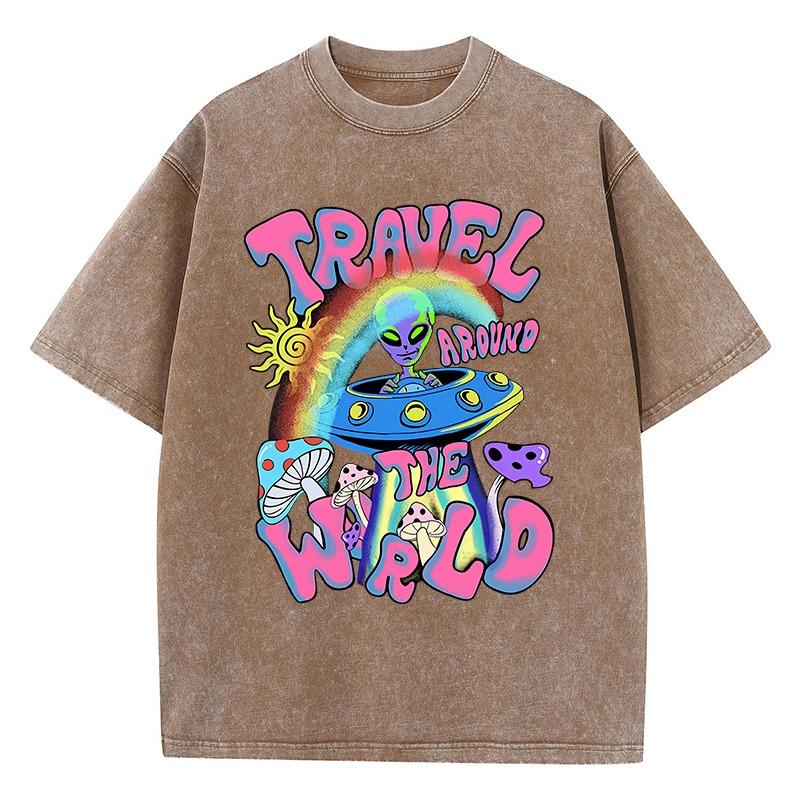 Damen Baumwolle Gewaschene T-Shirts Mode Locker O-Ausschnitt T-Shirts Die Ankunft von Aliens Druck Kurzarm Sommer Damenbekleidung