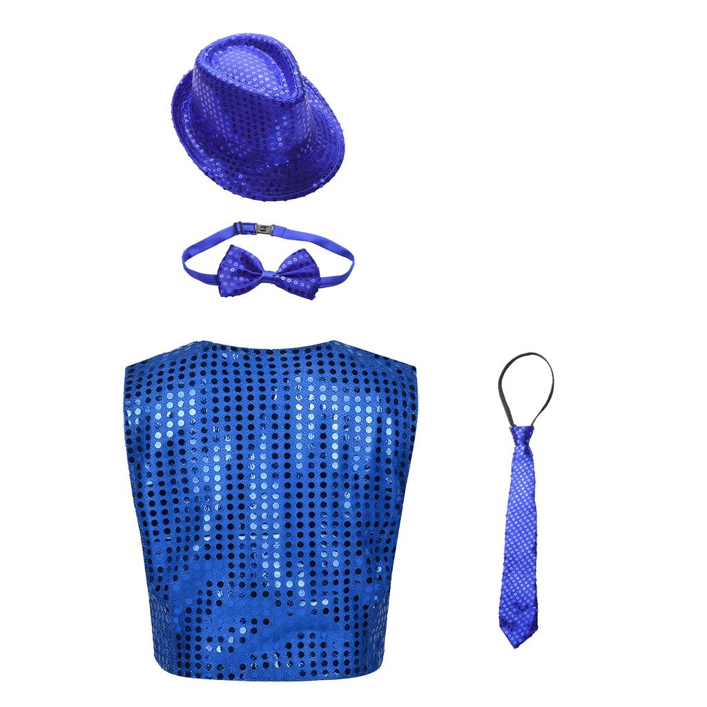 Unisex Kids Shiny Sequin Vest Waistcoat Performance Set Hat Bowtie Necktie Jazz Dance Stage Costume