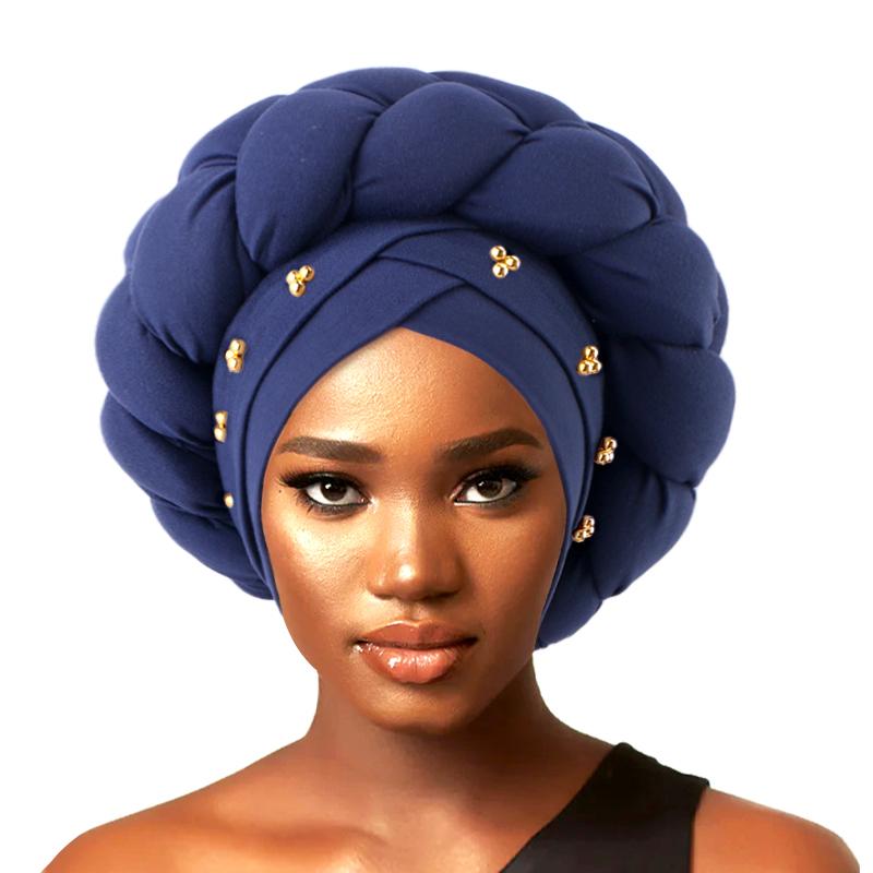 

Women s Braid Turban Caps Muslim Headwear Headscarf Bonnet Female Head Wraps African Indian Hat Turbante Mujer Hair Accessories One Size темно-синього кольору