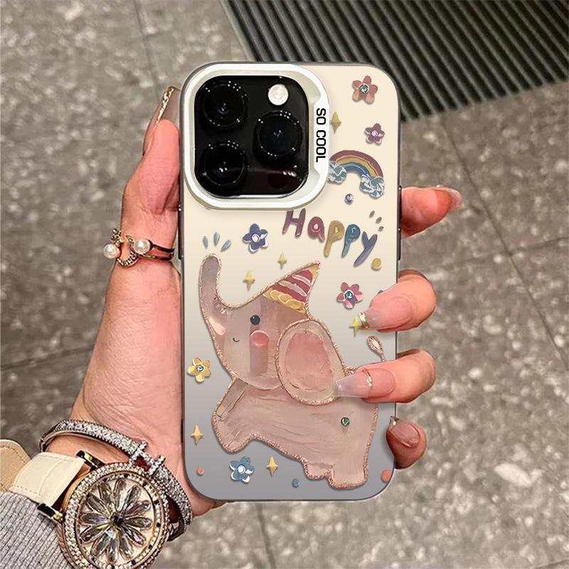 Oil Painting Elephant Silver Phone Case for iPhone 12 Pro Max/13/14/15 Plus/16/17