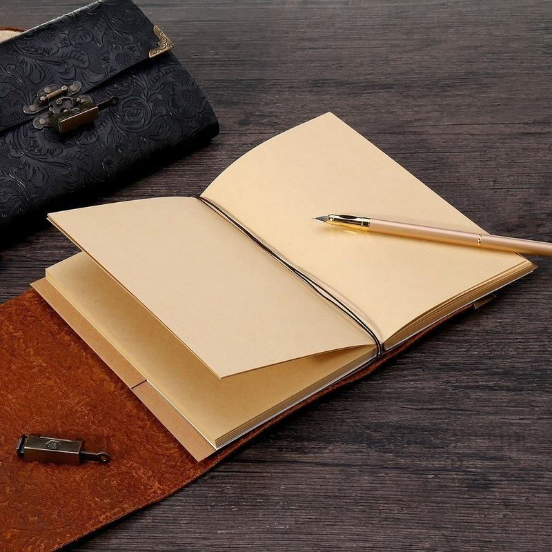Embossed Pattern Soft Leather Travel Notebook with Lock and Key Diary Notepad Paper for Business Sketching & Writing