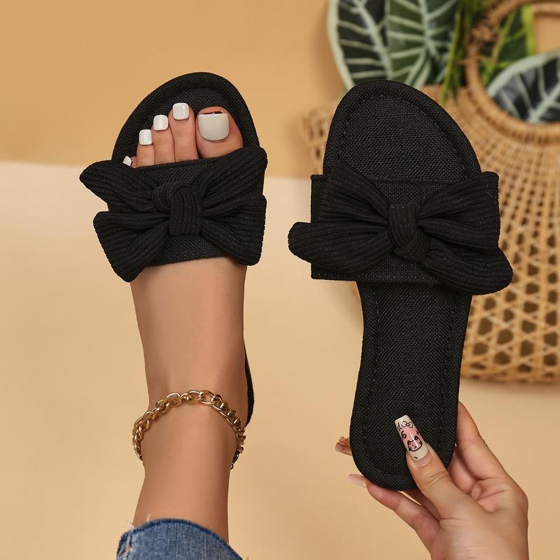 Summer New Bow One-word Solid Color Round Head Fashion Women's Large-size Bottom Slippers