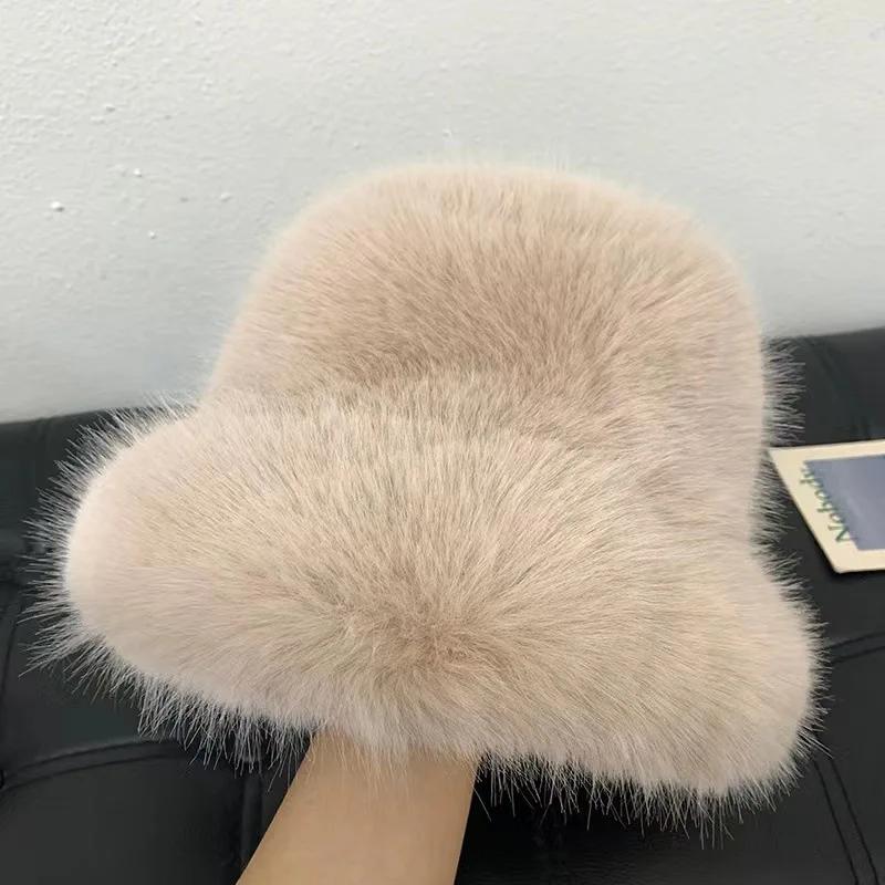 New Autumn Winter Faux Fur Bucket Hat Women'S Wide Brim Solid Color Korean Senior Warm Fisherman Cap Fashion Party Panama Caps