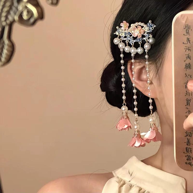 Vintage Chinese Style Pearl Tassel Hair Clips Enamel Flower Hair Pins For Women Hanfu Wedding Hair Accessories