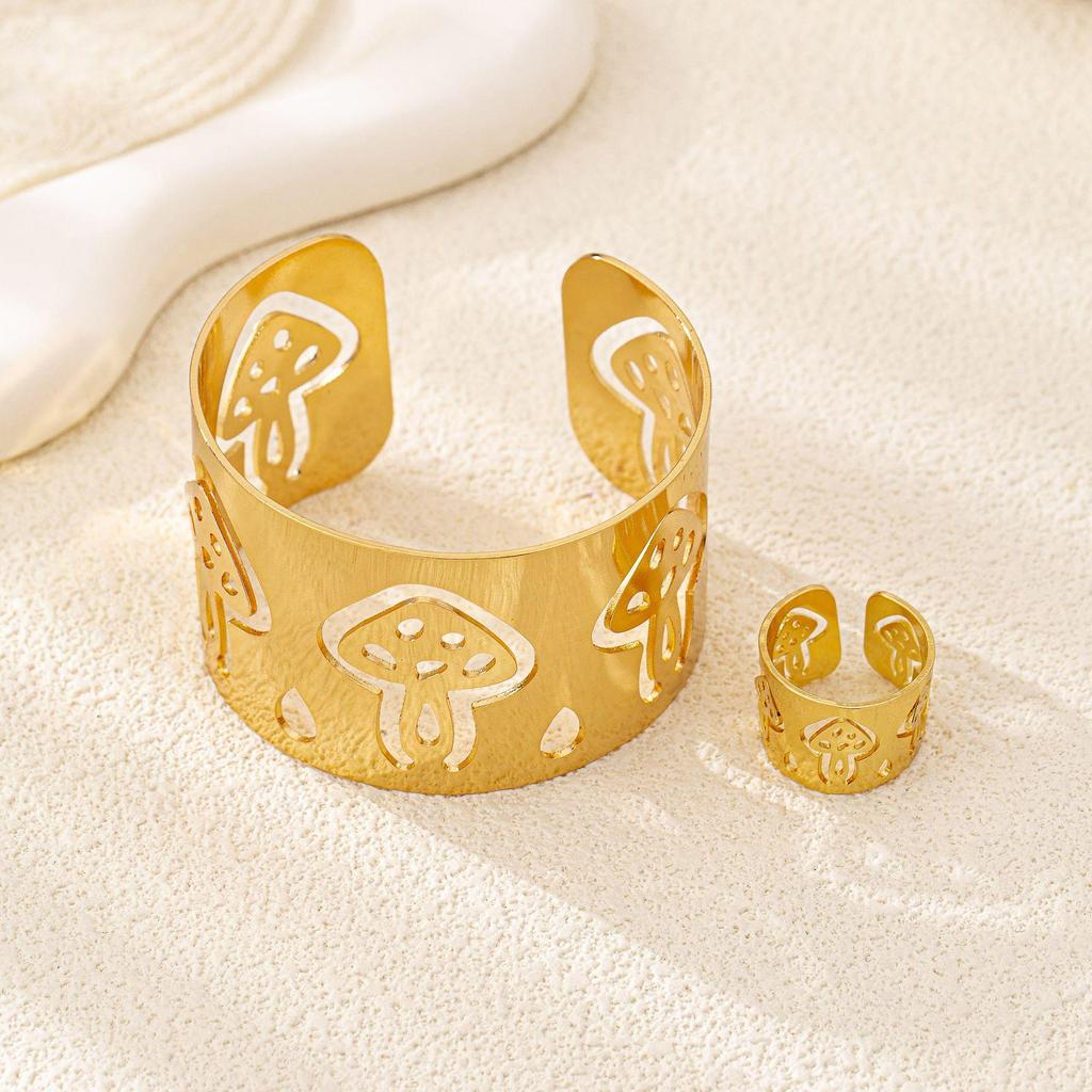 European & American Trendy Mushroom Hollow Bangle & Ring Set