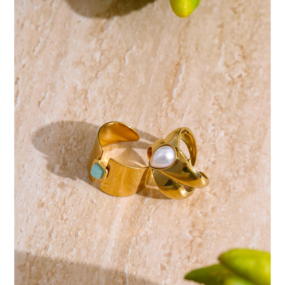 Eetit Natural Amazon Stone Pearl Open Golden Cast Ring for Women Glossy Stainless Steel Charm Jewelry Tarnish Resistant