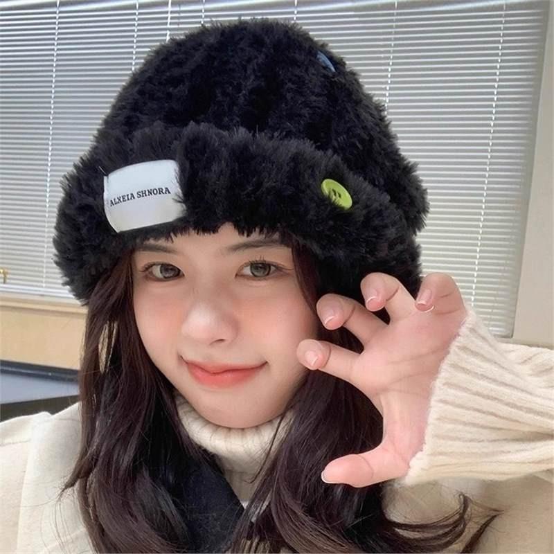 New autumn and winter thickened warm hat wool hat big head circumference pattern outdoor plush hat women
