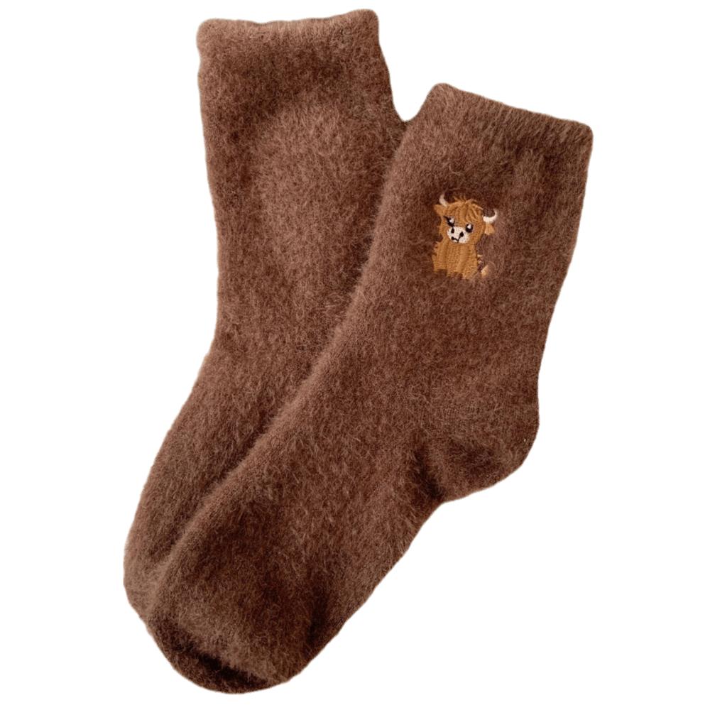 

Embroidered Floor Socks Fleece Thickened Carpet Home Socks Autumn Winter Mid-tube Stockings Women темный кофе