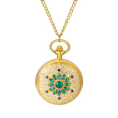 Taschenuhr Halskette Retro Antik Stil Analoganzeige Wasserdicht Strass Blütenblatt Anhänger Uhr Taschenuhr Pulloverkette Gold Mode Accessoire