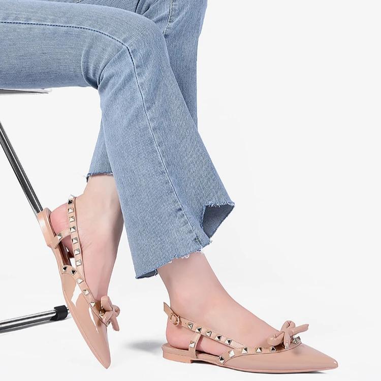 Fashion New Summer Rivet Bownot Solid Color Flat Sandals Fashionable Pointed Versatile Temperament Commuting Shopping Single Shoes 34-41