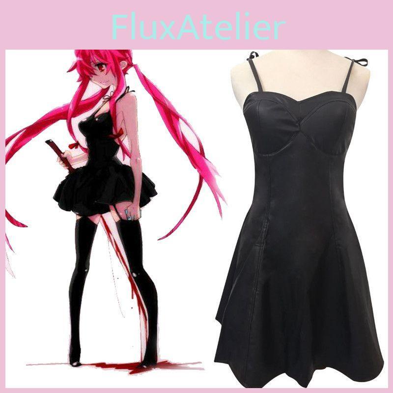 Exquisite Gasai Yuno Cosplay Costume From Future Diary Featuring Black Pu Leather Dress