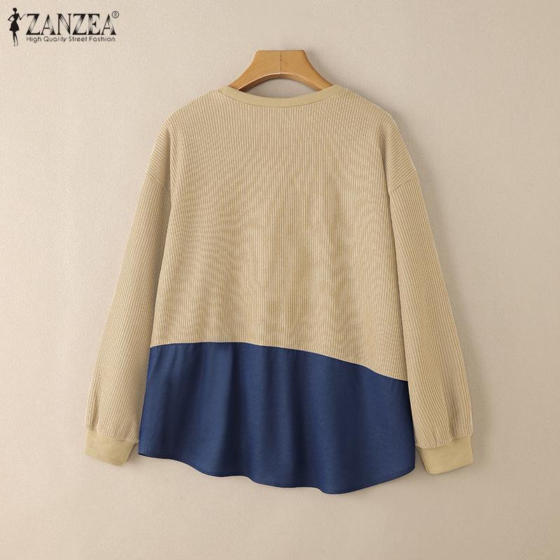 ZANZEA Women Round Neck Long Sleeve Casual Patchwork Pullover Sweatshirt