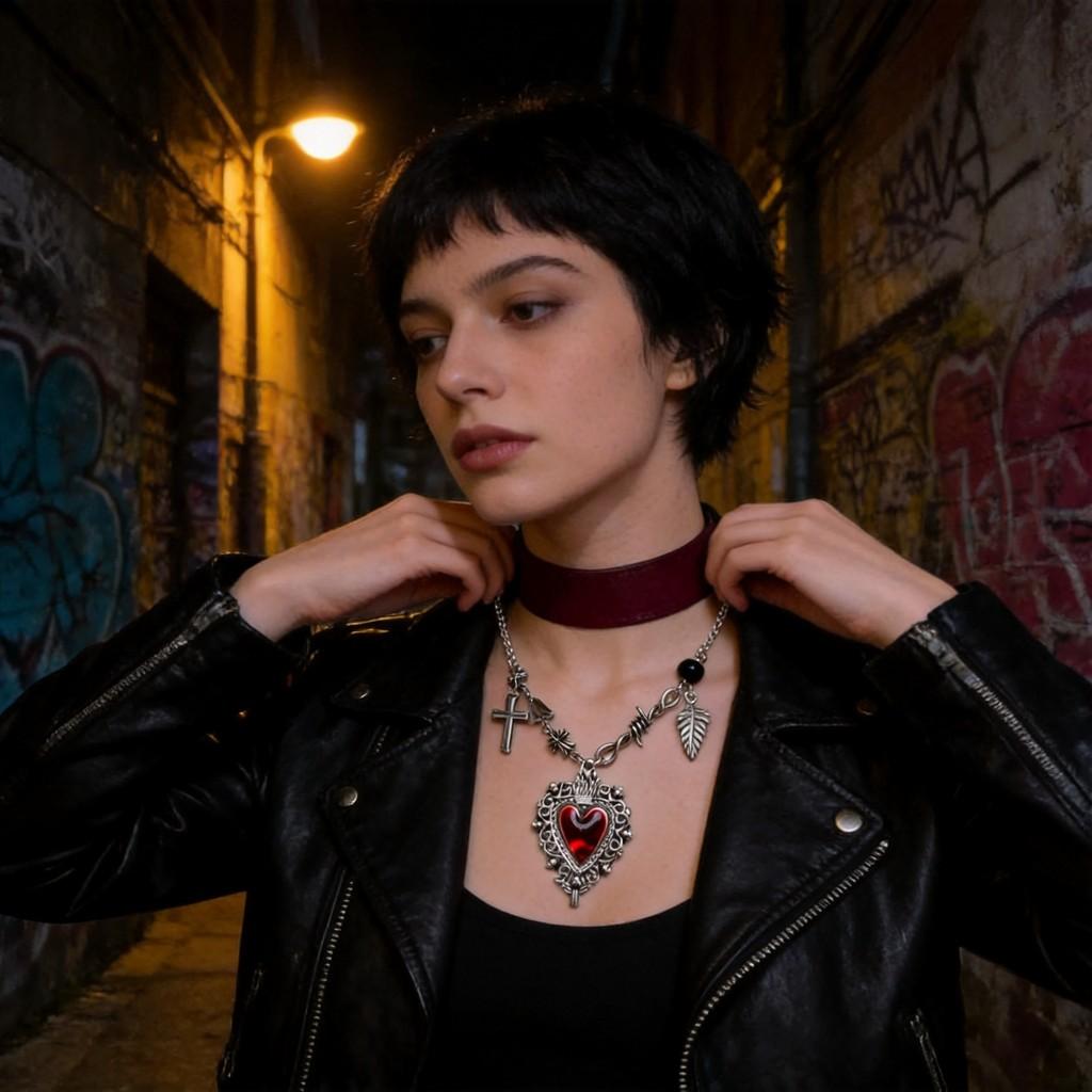 Punk Style Geometric Pendant Necklace With Blood Red Heart For Gothic Fashion