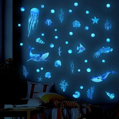 Blue Jellyfish Background Wall Art Mural Decor Sticker Sea Animal Wallpaper Luminous Sticker Glow Stickers Nightlight Decal