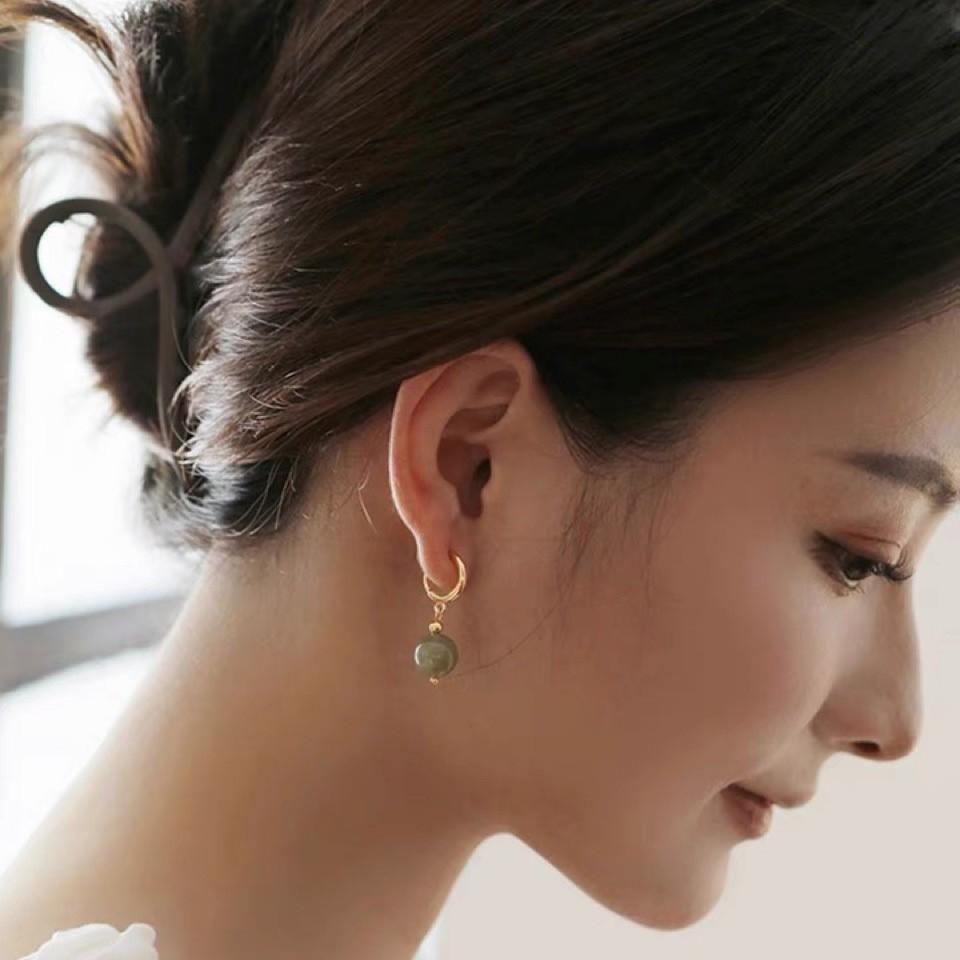 22646 Women's Green Natural Jasper Hetian Jade Round Bead Earrings, Ear Buckles, Retro Style Summer Minimalist Style Bare Beads Series Single Beads