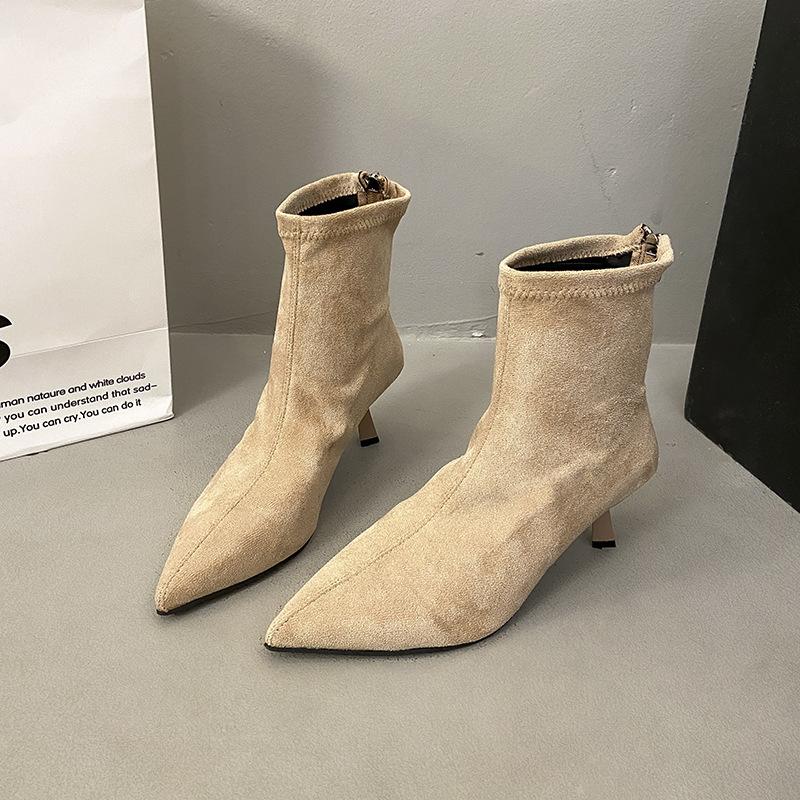 Pointed Short Boots for Women In Autumn and Winter 2025 New Short Tube Niche Zipper Elastic Thin Boots Thin Heel High Heel Boots for Women