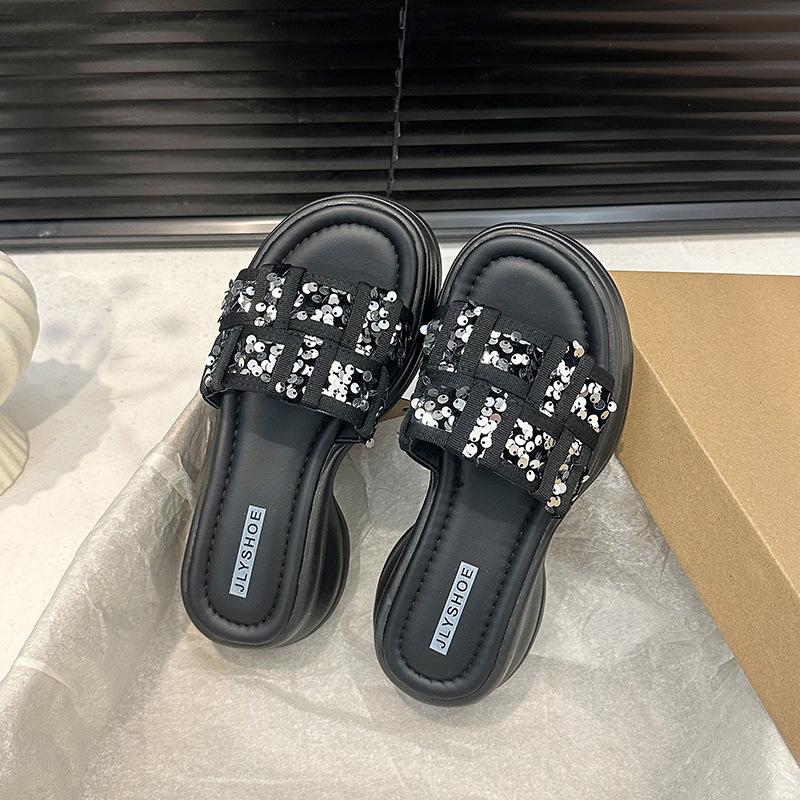 

Muffin platform sandals women s outer wear 2025 summer new high-end sequins versatile one-word sandals 39 серебряный